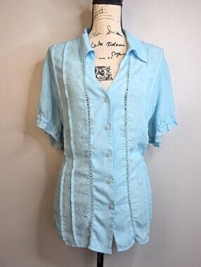 Studio 1940 Light Blue Textured Button Down Shirt Ladder Lace Ruffle Sleeve 22/2